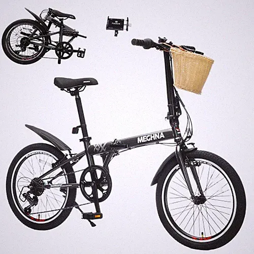 20" Folding Bike 6-Speed Dark Grey with Basket Phone Holder Steel Frame Commuter
