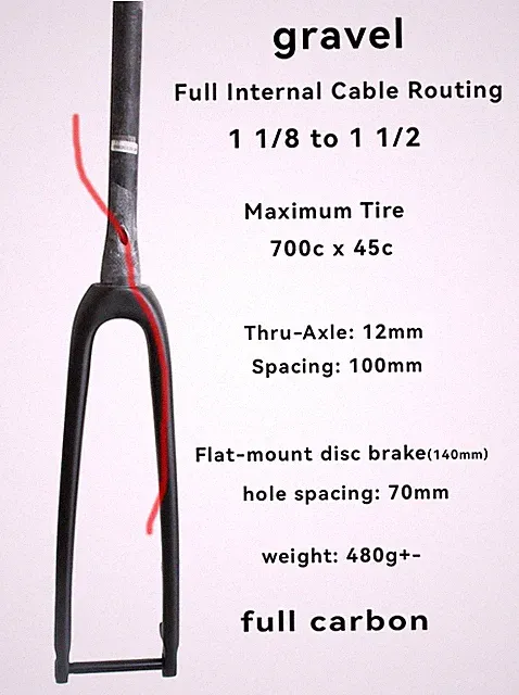 700C x 45C carbon 1 1/8 to 1 1/2 tapered gravel bike fork 12mm Thru Axle Disc